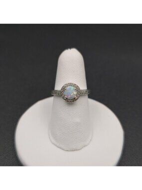 Size 5 Sterling Silver Round White Opal Halo Ring with Cubic Zirconia Ring A7487